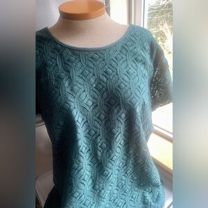 Elegant Teal Lace Women's Short Sleeve Top with Zipper Back.